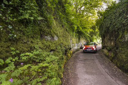 France, Bas-Rhin (67), Parc Naturel régional des Vosges du Nord, La Petite Pierre, la petite route forestière creusée dans le roc de grès à la sortie du bourg