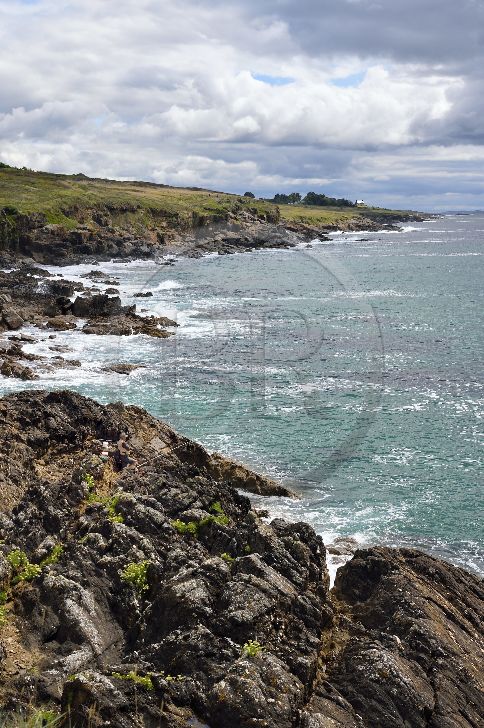 France, Finistère (29), Moelan-sur-Mer, le littoral entre Kerfany les Pins et la plage de Trenez sur le chemin de Grande Randonnée GR 34 ou sentier des douaniers, pecheur à la ligne