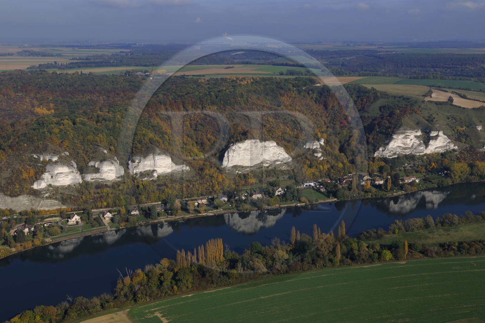France, Eure, the limestone cliffs along the Seine river downstream Les Andelys (aerial view)