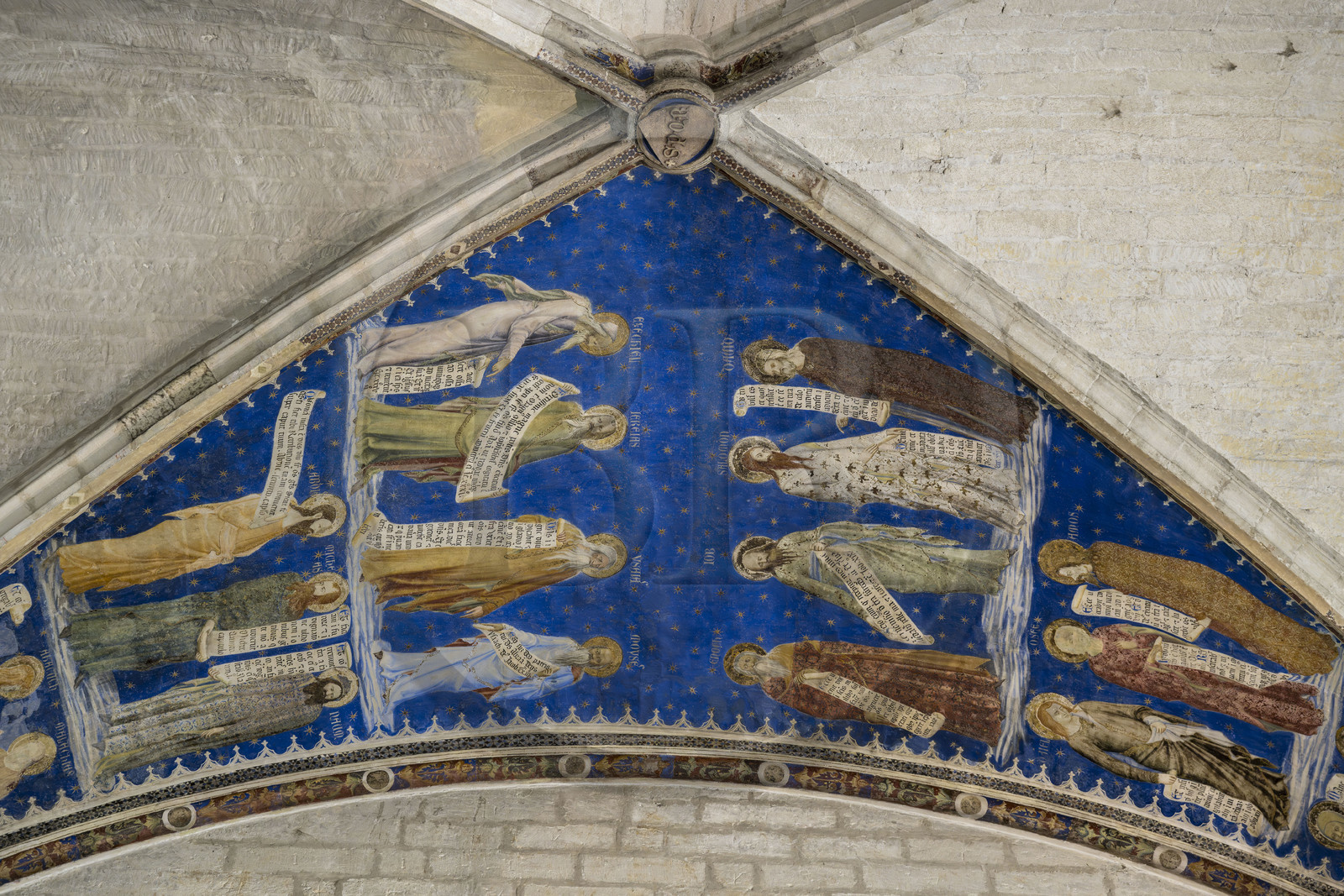 France, Vaucluse, Avignon, Palais des Papes (Palace of the Popes) listed as World heritage by UNESCO, Grand Audience Hall also Rota Tribunal, the only remaining elements of the fresco of the prophets painted by Matteo Giovannetti in 1353 which adorns the vault of the last bay