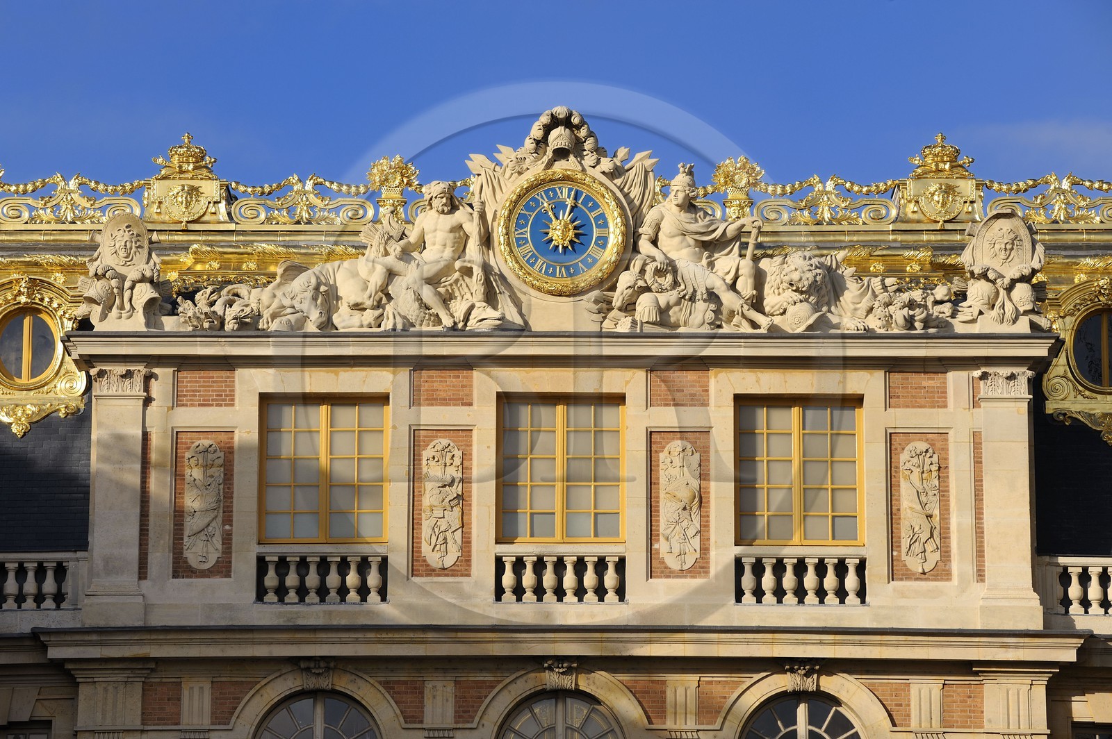 France, Yvelines, Chateau de Versailles, listed as World Heritage by UNESCO, clock of the Cour de Marbre (Marble Courtyard) renovated in 2008