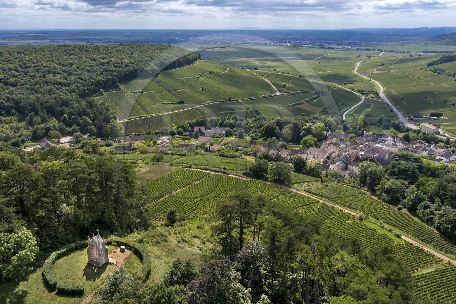 France, Cote d'Or, Climats terroirs of Burgundy listed as World Heritage by UNESCO, Route des Grands Crus, Cote de Beaune vineyard, Pernand-Vergelesses, the oratory of Notre-Dame de Bonne Espérance overlooking the village and the vineyards (aerial view)