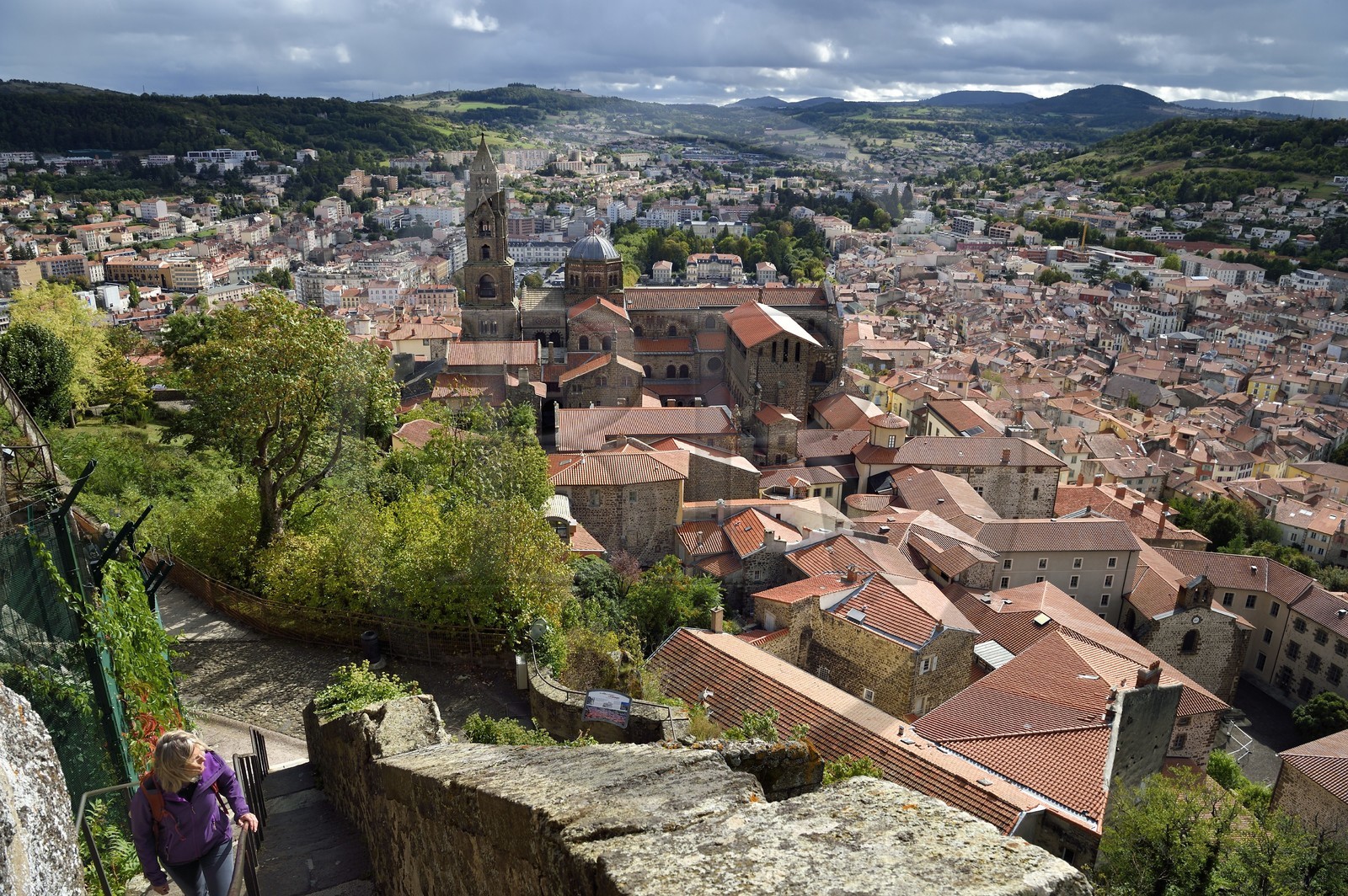 France, Haute Loire, Le Puy en Velay, Routes of Santiago de Compostela, the 12th century Our Lady (Notre-Dame-de-l'Annunciation) cathedral listed as World heritage by UNESCO, and the access staircase to the top of Rocher Corneille