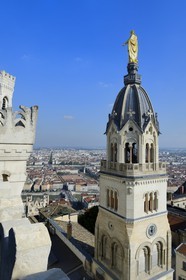 France, Rhone, Lyon, historical site listed as World Heritage by UNESCO, Notre Dame de Fourviere basilica, the former chapel of the Virgin crowned by a monumental golden Virgin, the place Bellecour in the district of La Presqu'Ile and the Rhone river in the background