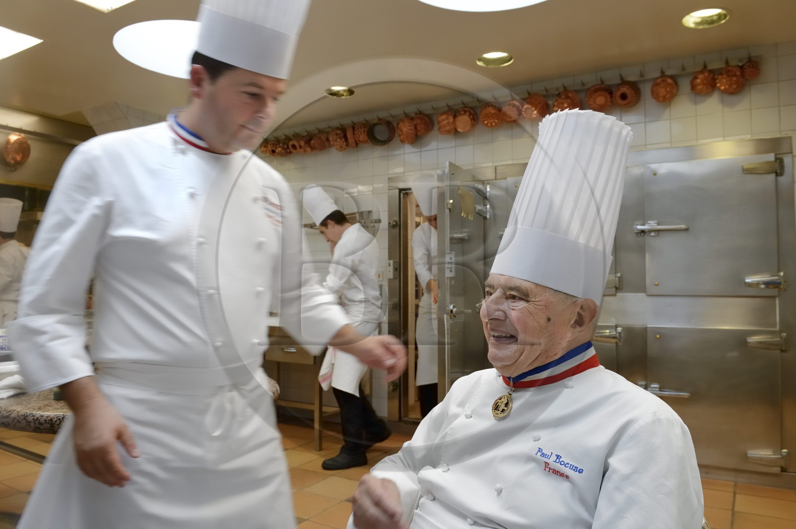 France, Rhone, Collonges au Mont d'Or, Paul Bocuse Restaurant L'Auberge du Pont de Collonges, three Michelin stars since 1965, famous French chef Paul Bocuse with the chef executif Christophe Muller