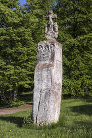 France, Moselle, Meisenthal, the Breitenstein (large stone) also known as the Stone of the 12 Apostles which refers to the representations of the twelve Apostles engraved on the four sides of the menhir of red sandstone with a height of four meters forty, probably also for a very long time a stone border