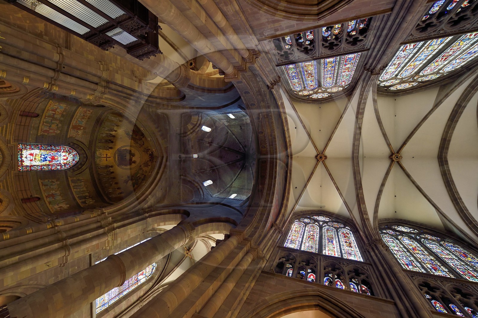 France, Bas Rhin, Strasbourg, old town listed as World Heritage by UNESCO, Notre Dame Cathedral, the Klotz tower of the Romanesque choir left and the ceiling of the Gothic nave right