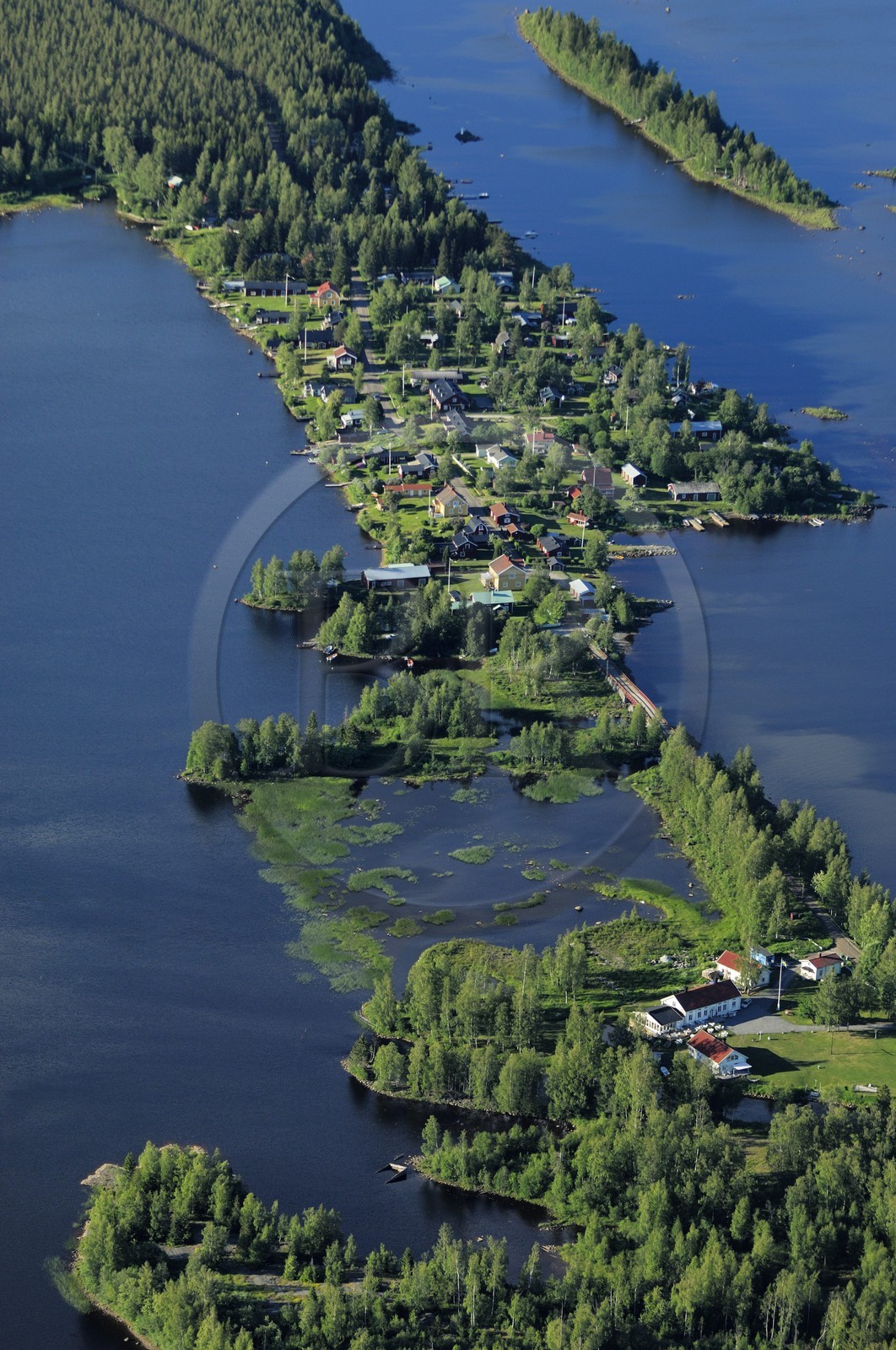 Sweden, Västerbotten County, region of Umea, Skeppsvik village on a Baltic Sea peninsula (aerial view)