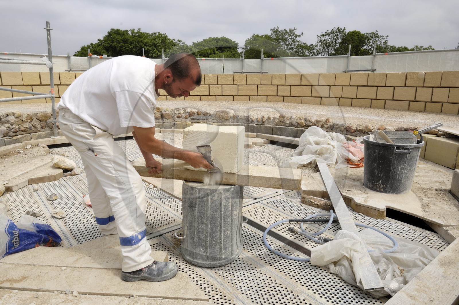 France, Indre et Loire, Loire Valley listed as World Heritage by UNESCO, Chinon, castle, Fabrice Maingrand stonemason on the dungeon Coudray