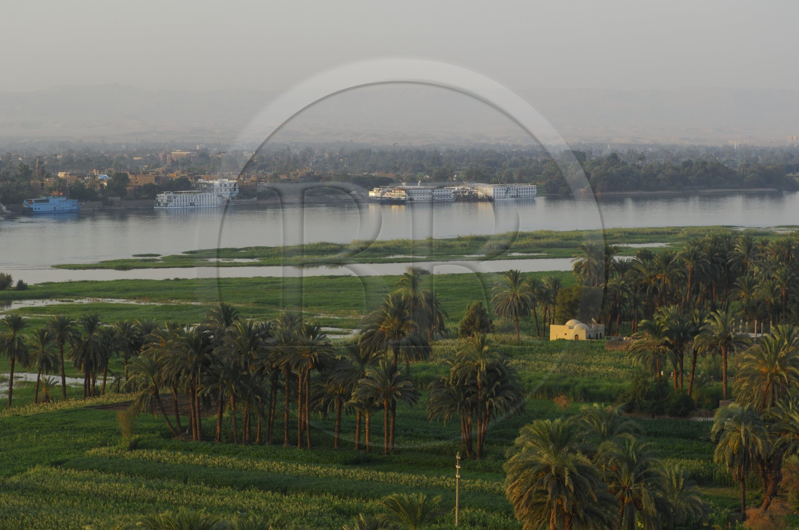 Egypte, Haute Egypte, vallée du Nil, Louxor, la rive ouest et le Nil en arrière-plan (vue aérienne)