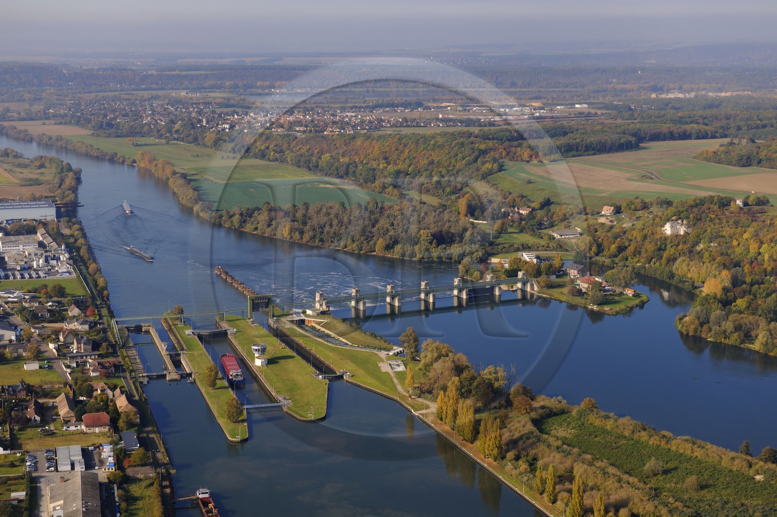 France, Eure, Port Mort, dam and locks on the Seine River (aerial view)