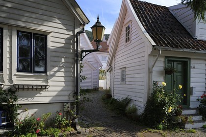 Norway, Hordaland, Bergen, wooden houses in the neighborhood of Rosegren