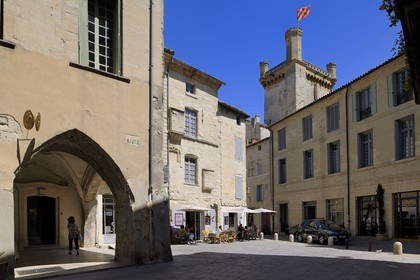 France, Gard, Uzes, listed as town of art and history, the Bermonde Tower from the Duke's castle called the Duche d'Uzes seen from the place Dampmartin