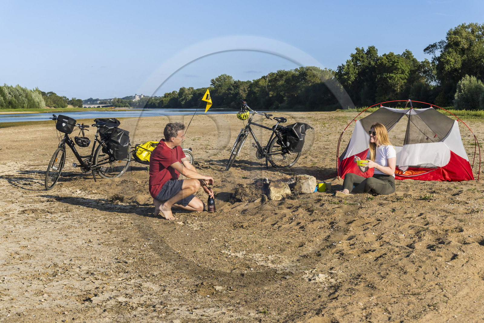 France, Maine-et-Loire, Loire valley listed as World Heritage by UNESCO, Saumur towards Saint-Hilaire, cycling along the banks of the Loire, camping for the night on one of the sandbanks forming islands on the Loire