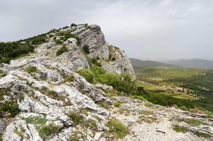France, Var, Plan d'Aups Sainte Baume, Sainte-Baume Regional Nature Park, Sainte-Baume Massif, hikers at the Col du Saint-Pilon on the GR 98 and GR9, the Saint-Pilon on the left and the Hostellerie de la Sainte Baume in the lower right in the background