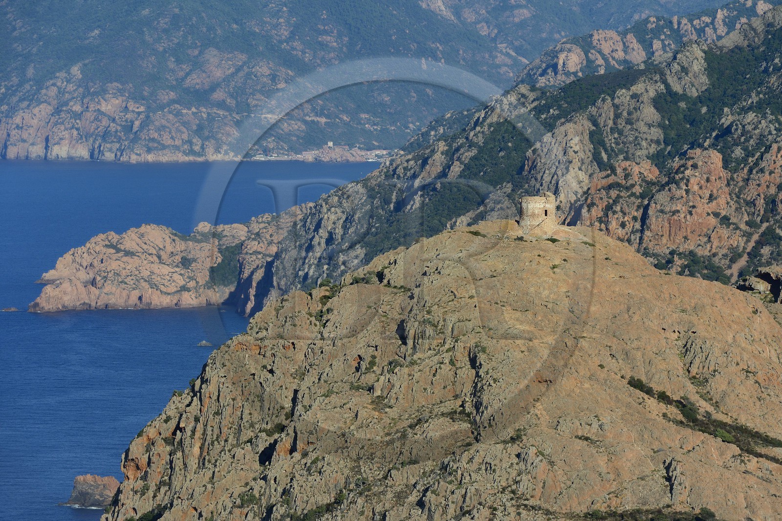France, Corse-du-Sud (2A), Golfe de Porto, classé Patrimoine Mondial de l'UNESCO, le Capo Rosso et la Tour Génoise de Turghiu (Turghio) en arrière plan (vue aérienne)