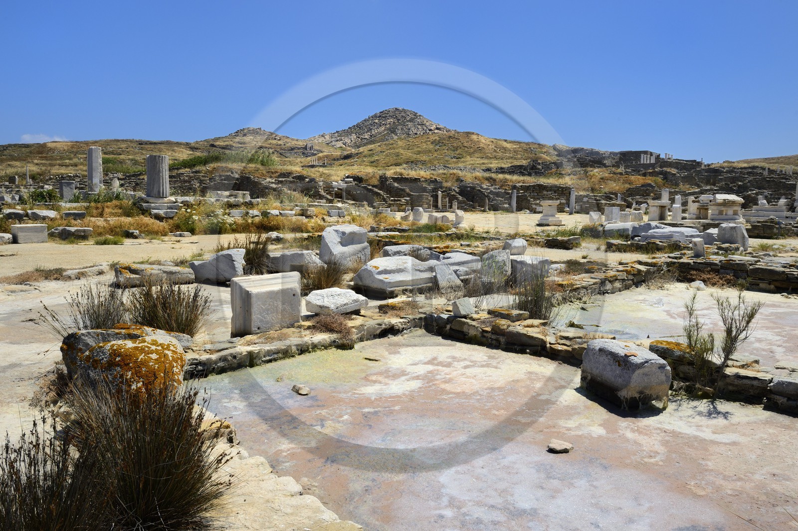 Grèce, île de Delos, classée Patrimoine Mondial de l'UNESCO, site archéologique de Délos, sanctuaire d'Apollon, la plus grande cité antique de la mer Egée, vestiges du quartier du port