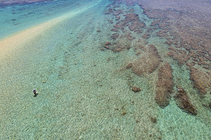 France, île de la Réunion, la Cote Ouest, plage du lagon de Saint-Gilles-Les-Bains à l'Ermitage-les-Bains, pecheur dans le lagon au niveau de la Passe de l'Ermitage (vue aérienne)