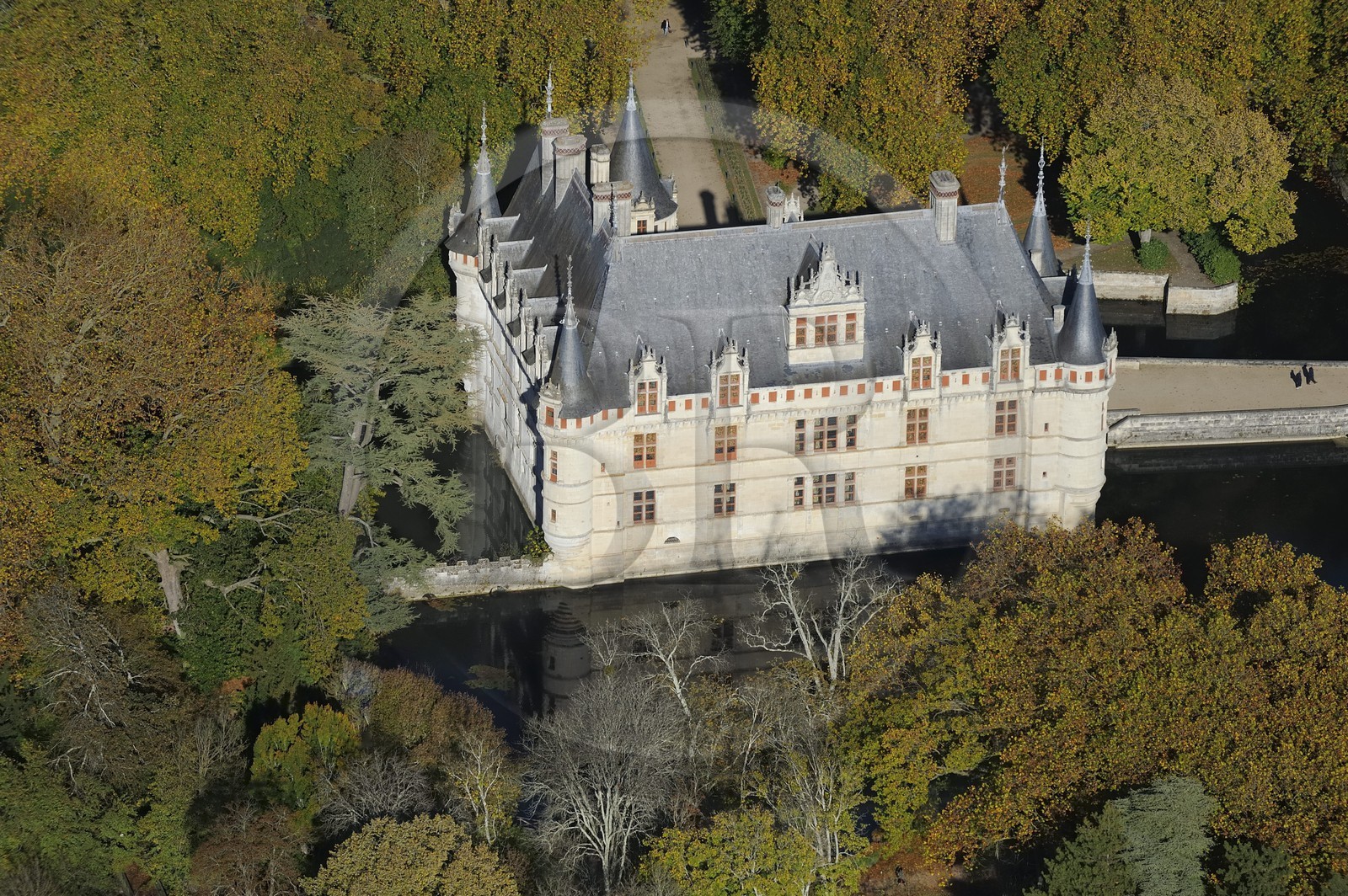 France, Indre et Loire, Loire Valley listed as World Heritage by UNESCO, Chateau d' Azay le Rideau (aerial view)