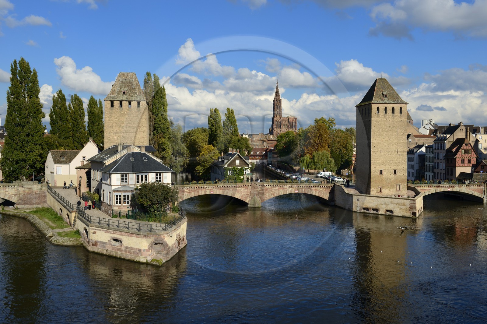 France, Bas Rhin, Strasbourg, old town listed as World Heritage by UNESCO, Petite France District, defensive towers of the covered bridges and Notre Dame Cathedral in the background