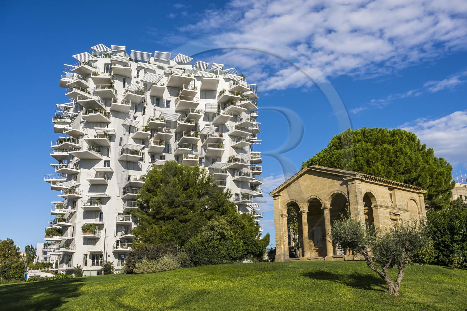 France, Herault, Montpellier, Richter district, the banks of the Lez river, L'Arbre Blanc, building designed by the Japanese architect Sou Foujimoto and the French architects Nicolas Laisne et Manal Rachdi, Richter's Granting desk in the foreground