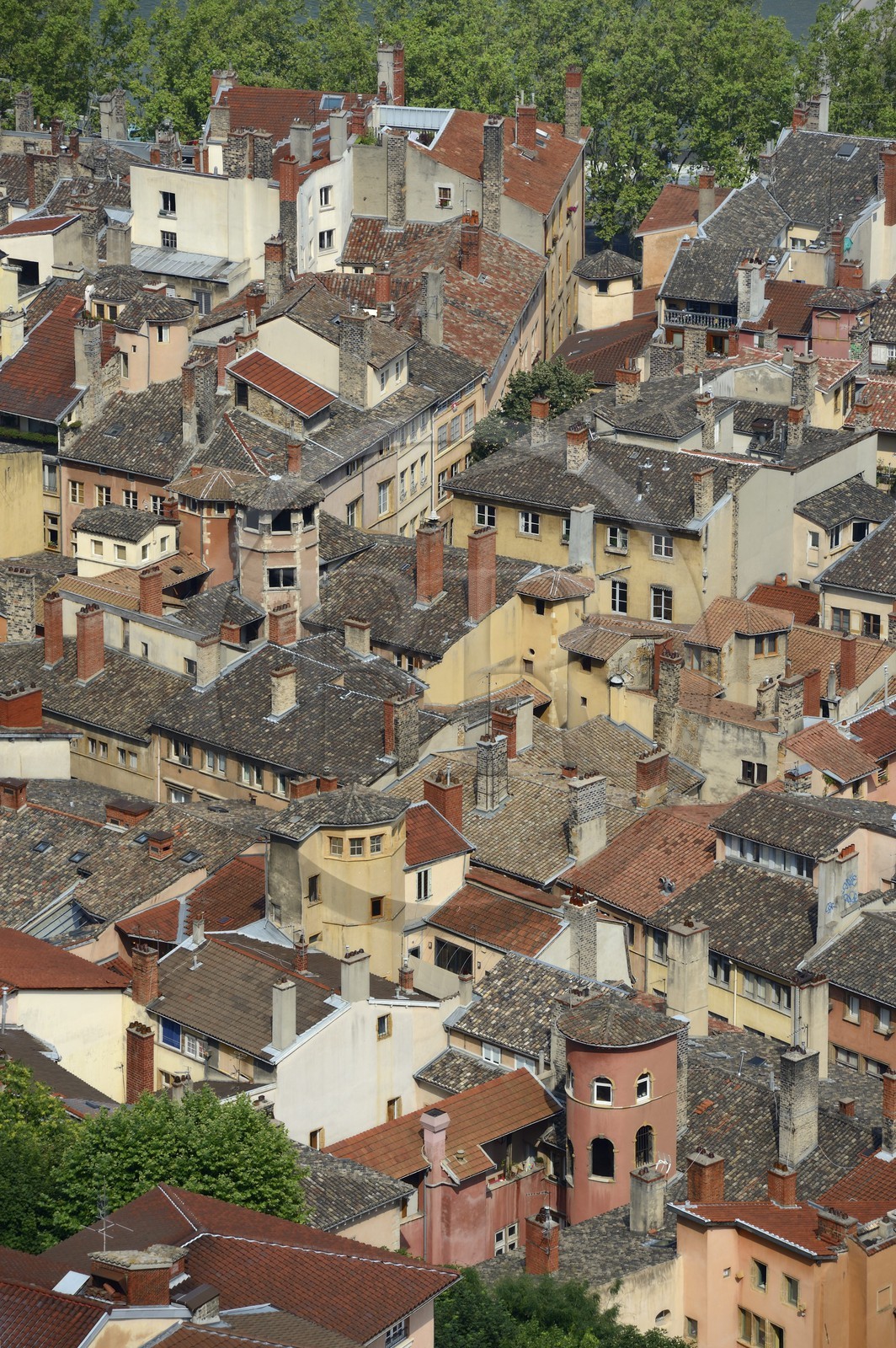 France, Rhone, Lyon, historical site listed as World Heritage by UNESCO, Vieux Lyon (Old Town), the Saint Jean district with its Renaissance houses, in the foreground the Maison du Crible also called Tour Rose