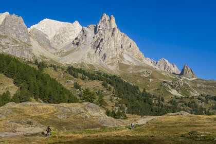 France, Hautes Alpes (05), le Briançonnais, Névache, cyclistes en VTT dans la vallée de la Clarée, le massif des Cerces et les pointes de la Main de Crépin (2942m) en arrière-plan