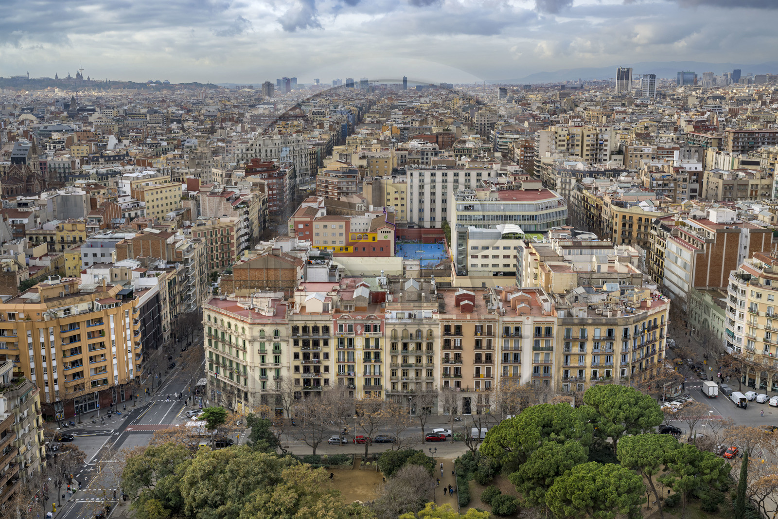 Spain, Catalonia, Barcelona, Eixample district, Sagrada Familia basilica by Catalan modernist architect Antoni Gaudi, listed as a UNESCO World Heritage Site, view of the city from one of the towers of the Passion facade to the west