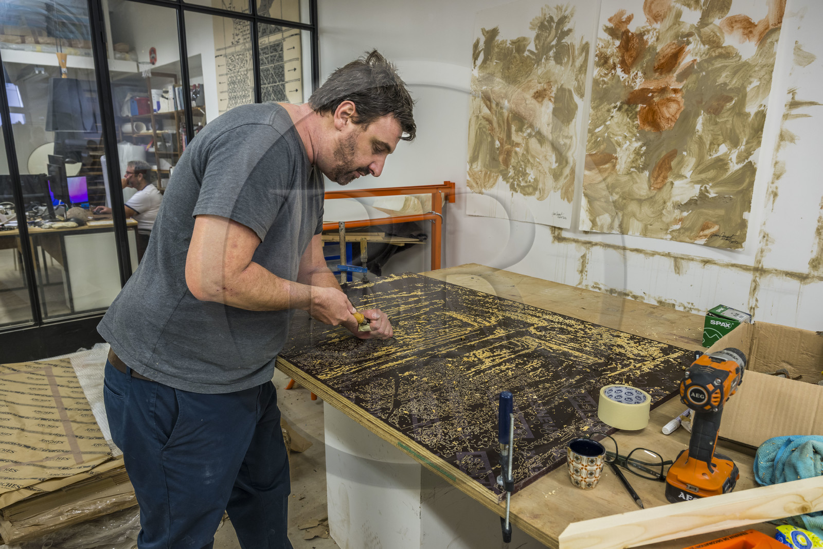 France, Herault, Sete, visual artist Jean Denant in his studio