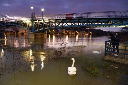 France, Val-de-Marne (94), Bry-sur-Marne, la passerelle réalisée par Gustave Eiffel entre Bry-sur-Marne et Le Perreux-sur-Marne en arrière plan, les bords de Marne inondés